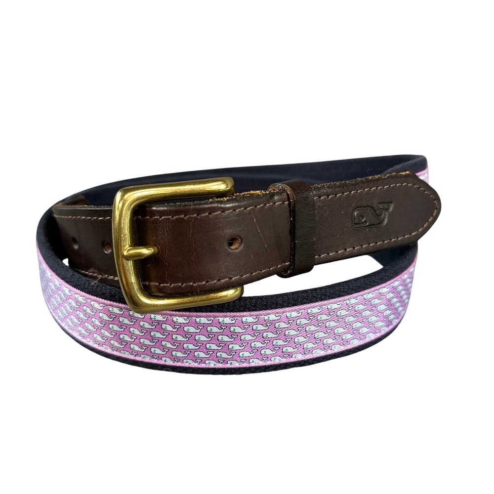 Vineyard Vines Mens 44 Navy Blue Canvas Leather Club Belt Brass Buckle USA Made